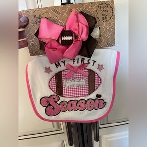 My First Football Season Pink and Brown Baby Bib and Bow Set
